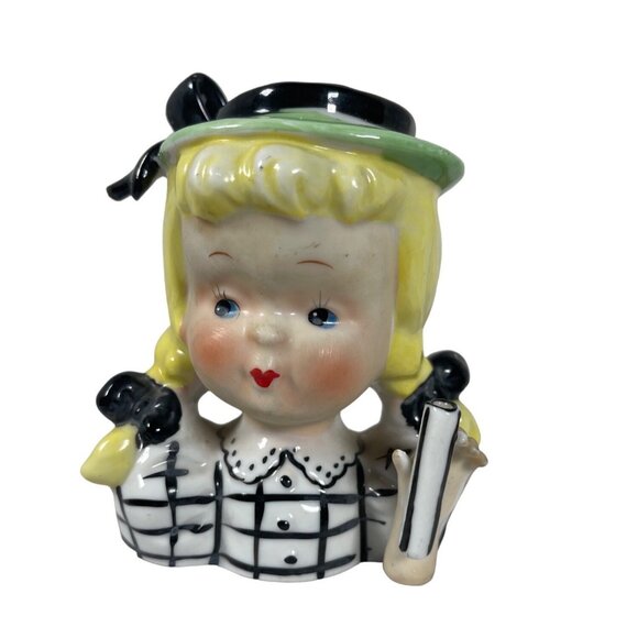 Royal Sealy Other - Vintage ROYAL SEALY JAPAN Girl Head Ceramic Vase Plaid/Blk Bow Blonde Hair